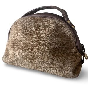 Borbonese Redwall Quail Print Suede Leather Brown Hand Bag